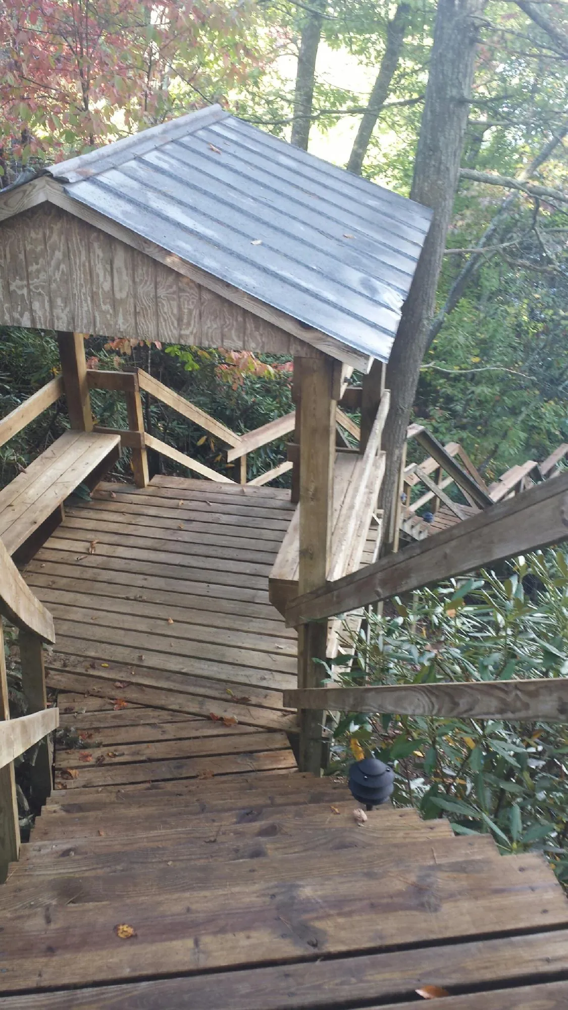 Metal roofed shelter over wooden steps on a wooded walkway — Skylight Repair & Installation work by our crew in Wolfe City